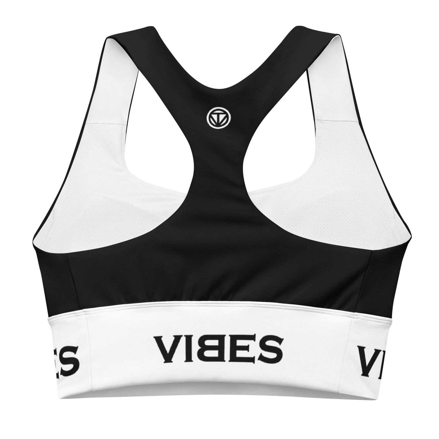 Schwarz-weißer Sport-BH mit VIBES Logo, Racerback Design, Rückansicht, atmungsaktives Material