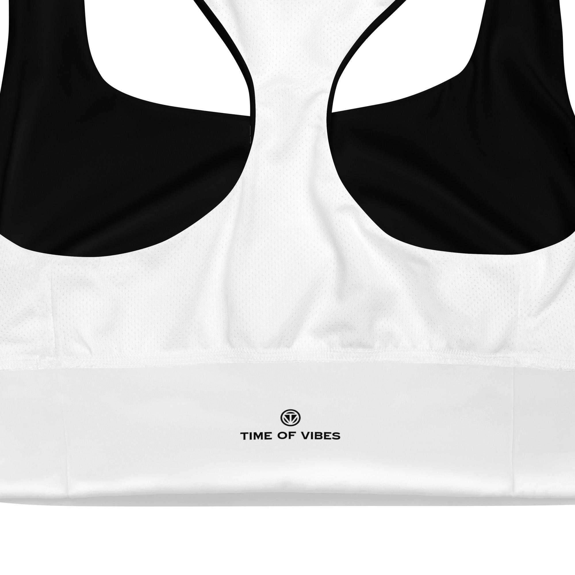 Rückseite eines schwarz-weißen Sport-BHs mit TIME OF VIBES Logo, atmungsaktives Material