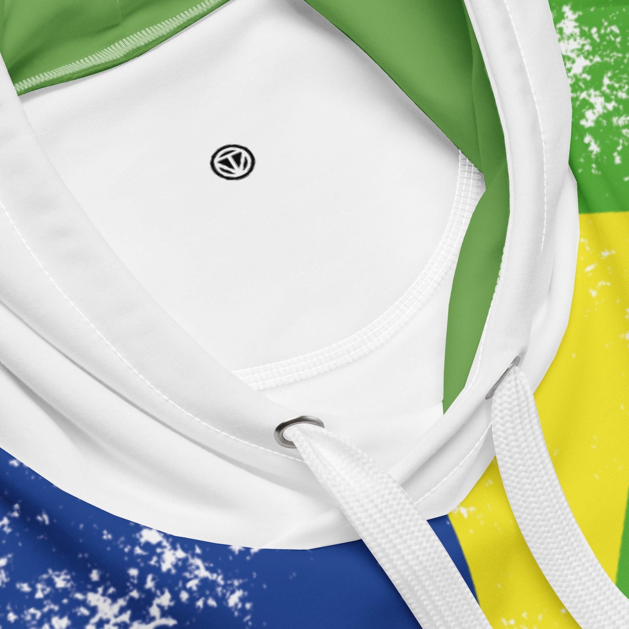 Detailansicht VIBES Premium Hoodie Brasilien weiß-grün mit Flaggenfarben und Logo