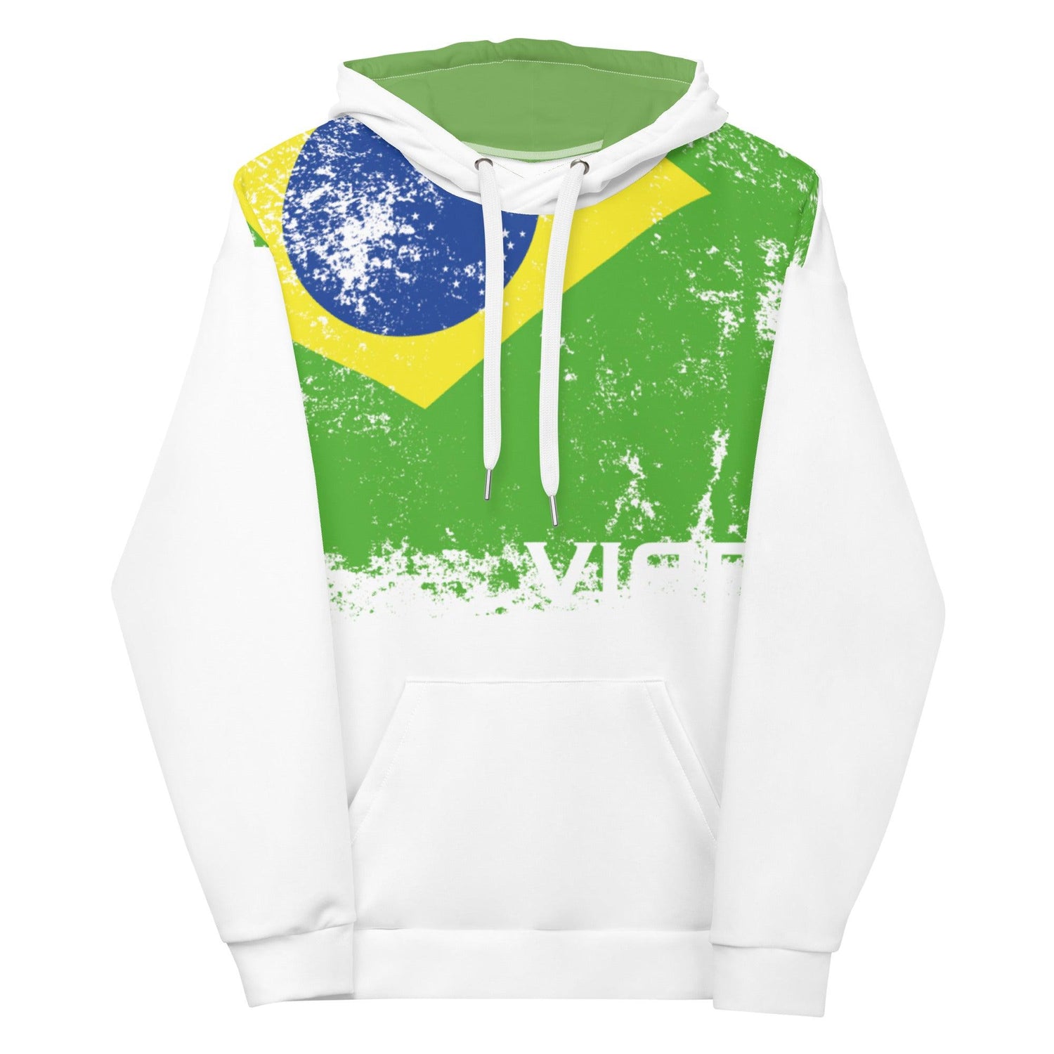 Weißer Hoodie mit grün-gelber Brasilien-Flagge und VIBES Aufdruck, sportlich modern