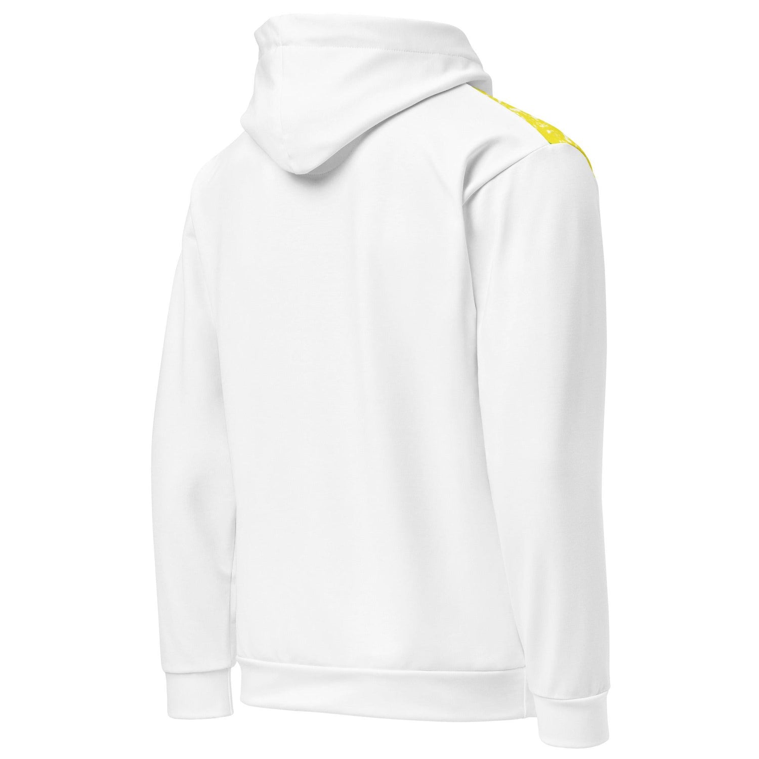 Weiße VIBES Premium Brasilien Hoodie-Rückansicht mit gelbem Schulterstreifen