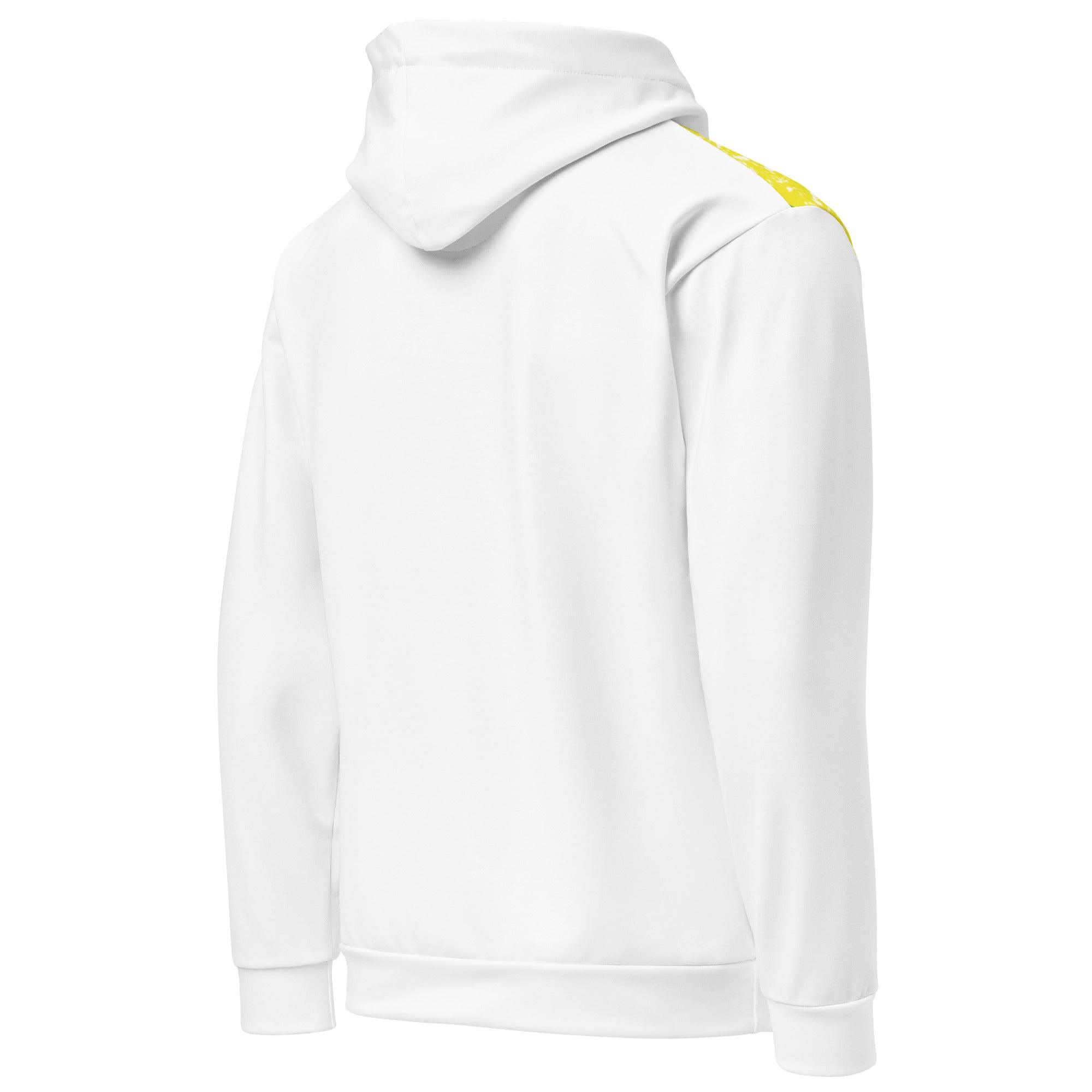 Weiße VIBES Premium Brasilien Hoodie-Rückansicht mit gelbem Schulterstreifen