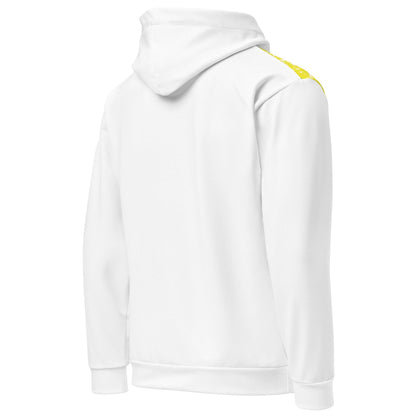 Weiße VIBES Premium Brasilien Hoodie-Rückansicht mit gelbem Schulterstreifen