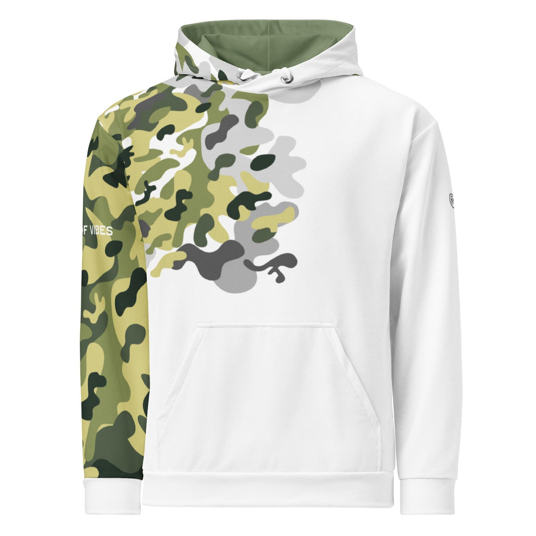 VIBES Premium Hoodie weiß mit grünem Camouflage Muster und Kapuze, moderne Streetwear