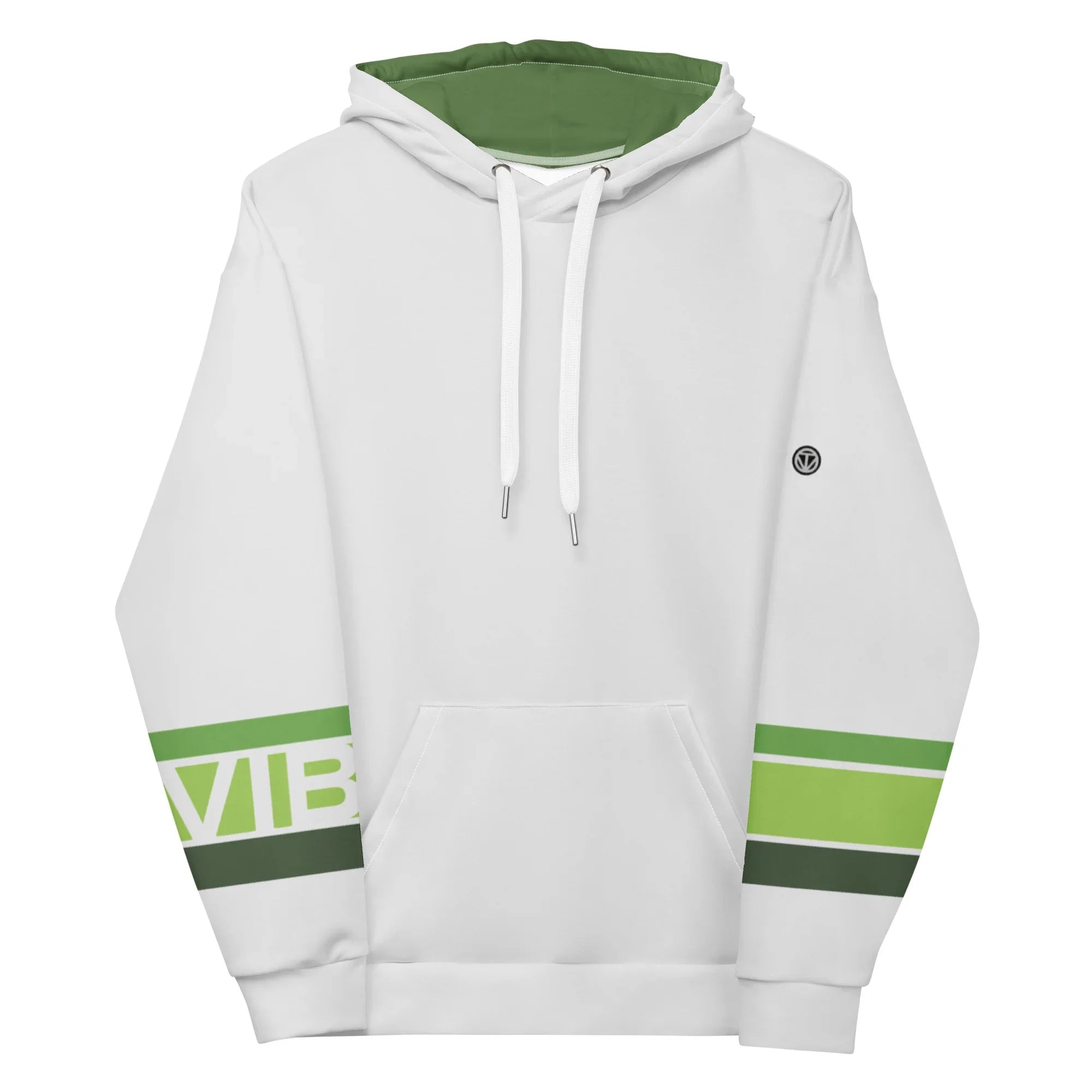 VIBES Premium Hoodie in Hellgrau mit grünen Streifen und Kapuze, Frontansicht