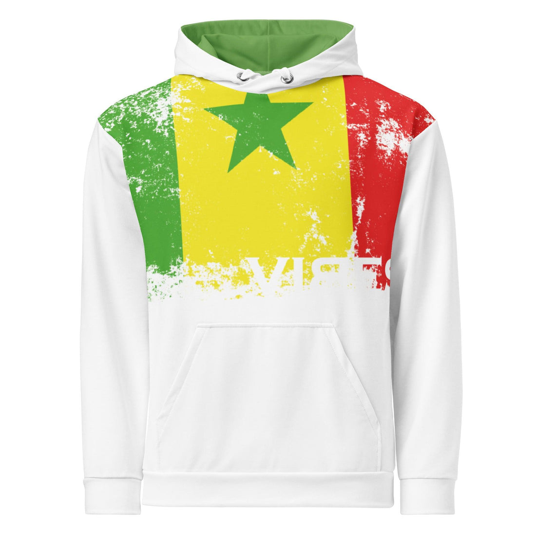 Weißer Hoodie mit Senegal Flagge, grünem Stern und Vibes-Logo, Frontansicht
