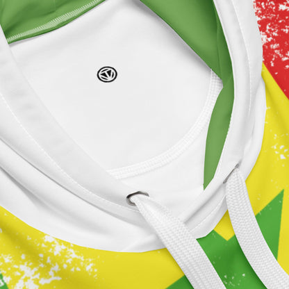 VIBES Premium Hoodie Senegal, Nahaufnahme Kapuze, grün-gelb-rot Design mit Logo