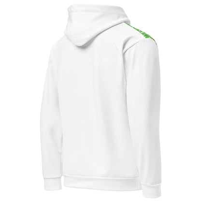 Weißer VIBES Premium Hoodie mit grünem Muster auf der Schulter, Rückansicht