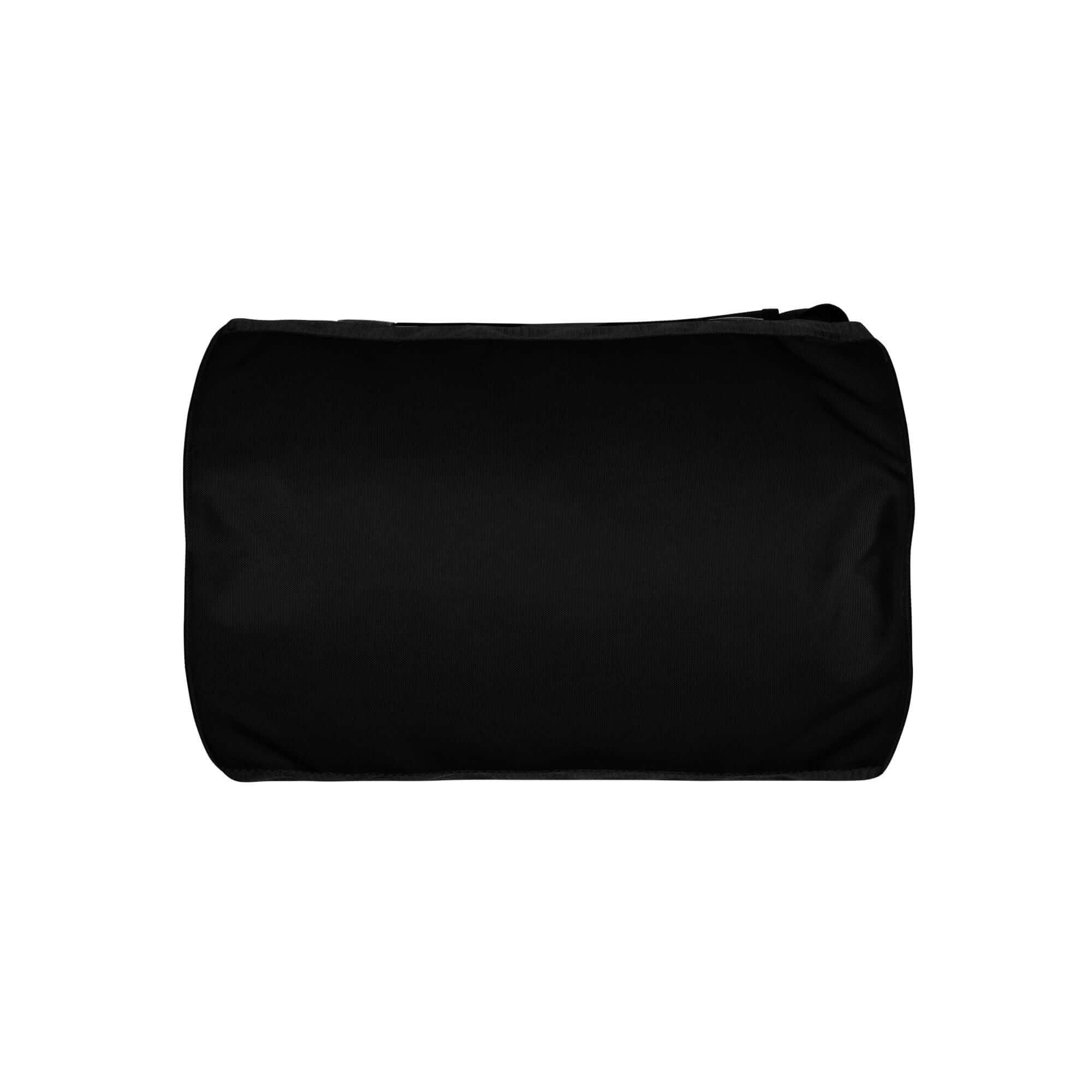 Schwarze Sporttasche, zylindrische Form, auf weißem Hintergrund, minimalistisch