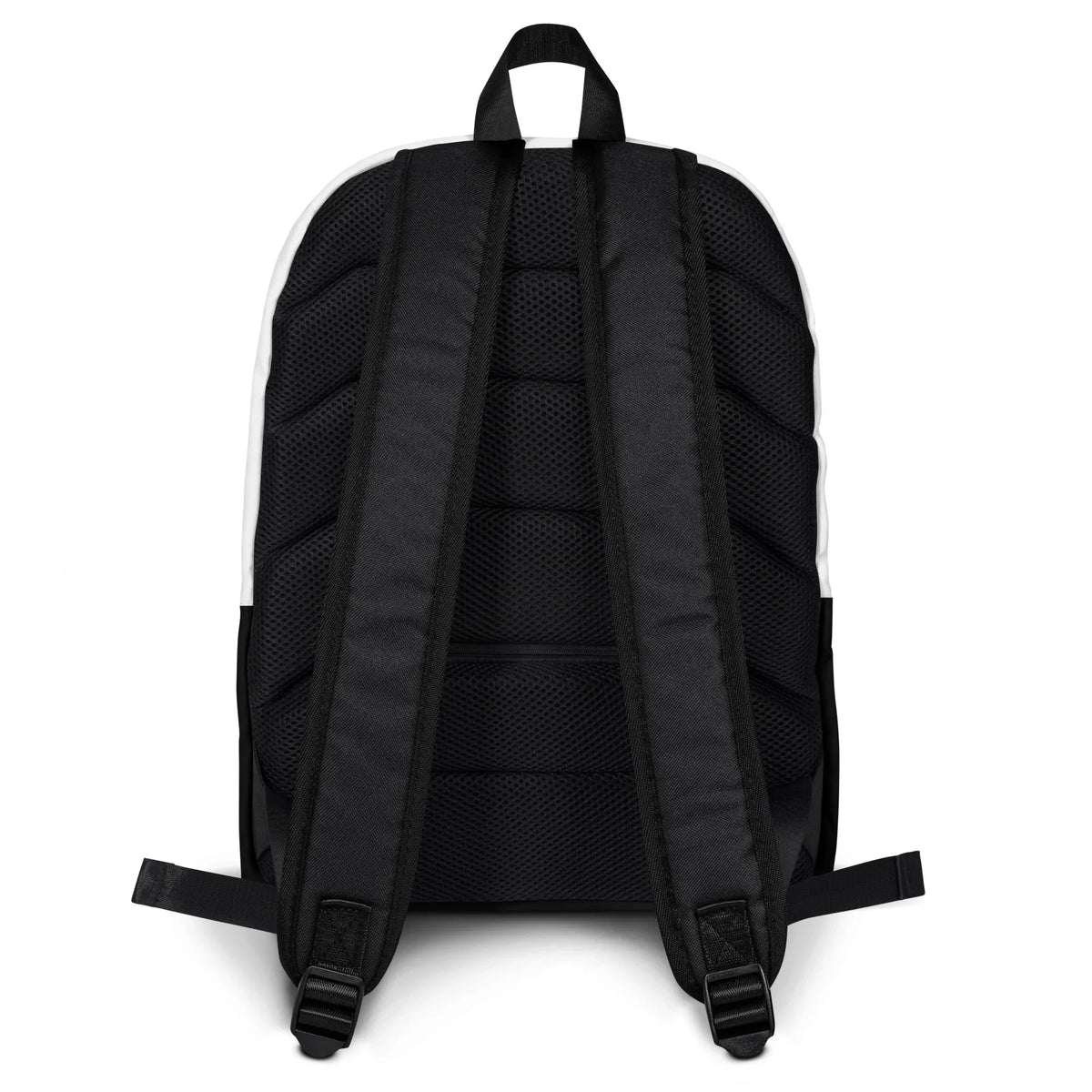 Rückansicht des CREWILD Rucksacks in Weiß und Schwarz mit gepolsterten Schultergurten.