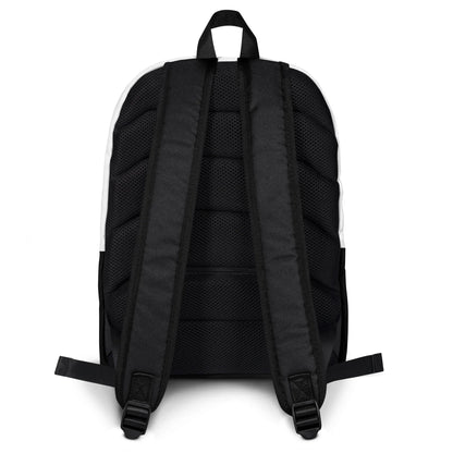 Rückansicht des CREWILD Rucksacks in Weiß und Schwarz mit gepolsterten Schultergurten.