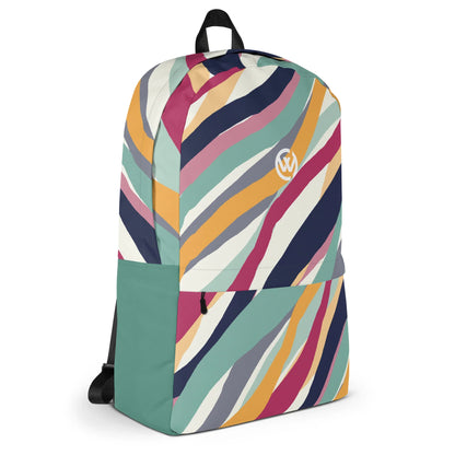 Bunter CREWILD Rucksack mit abstraktem Wellenmuster in verschiedenen Farben.