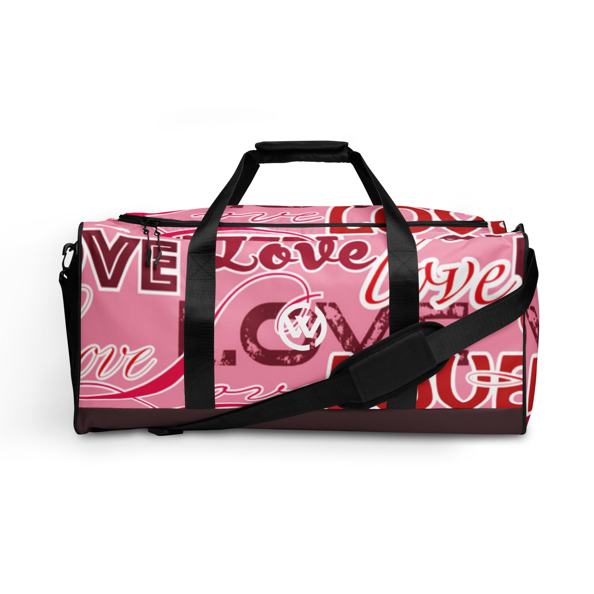 Rosa Sporttasche mit rotem Love-Schriftzug und schwarzem Schultergurt