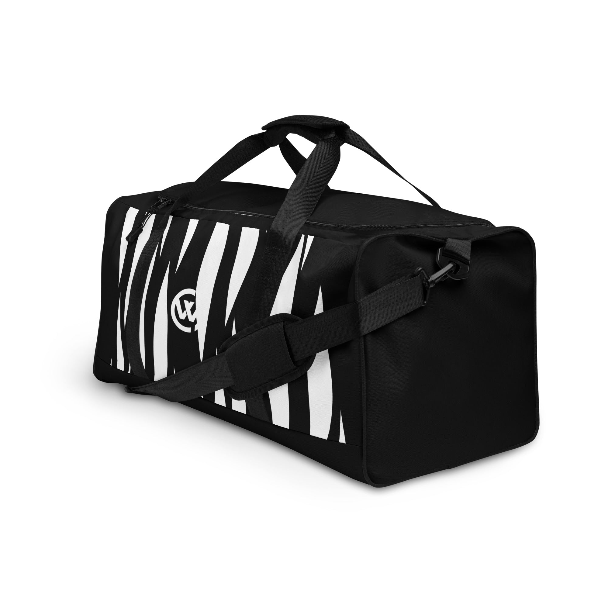 Schwarze Sporttasche mit weißen Zebra-Streifen-Print und Schultergurt