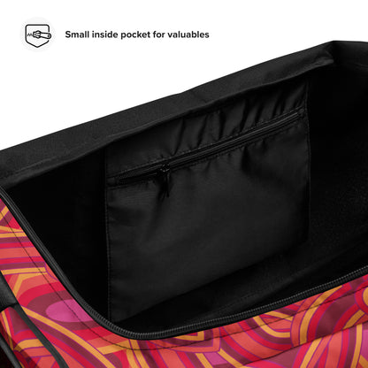 Detailansicht einer schwarzen Innentasche mit Reißverschluss in einer bunt gemusterten Tasche.