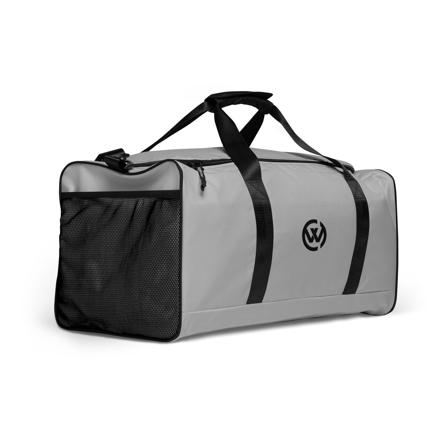Graue Sporttasche mit schwarzen Tragegriffen, Mesh-Fach und rundem Logo