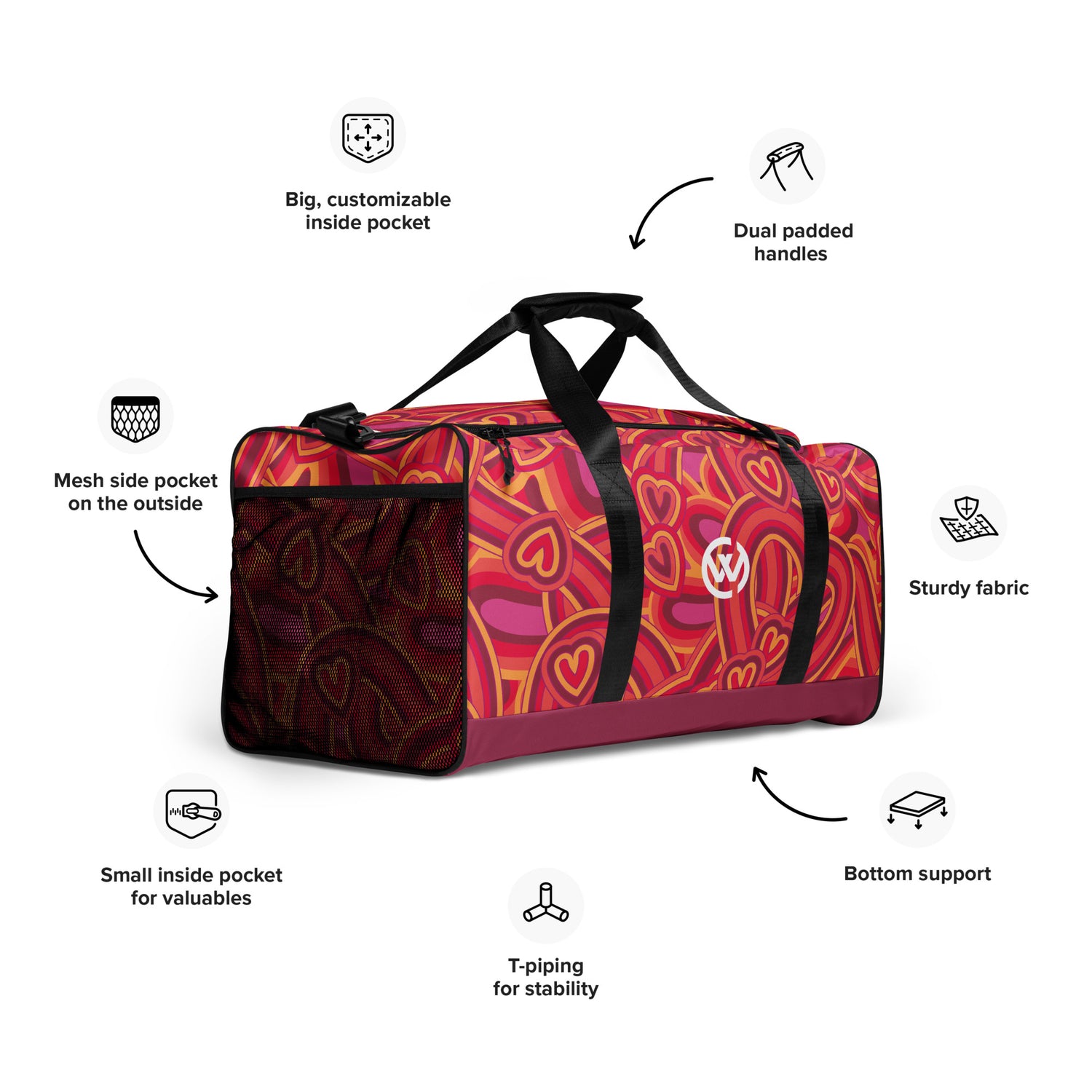 Personalisierbare Sporttasche mit buntem Psychedelic-Print und funktionalen Details.