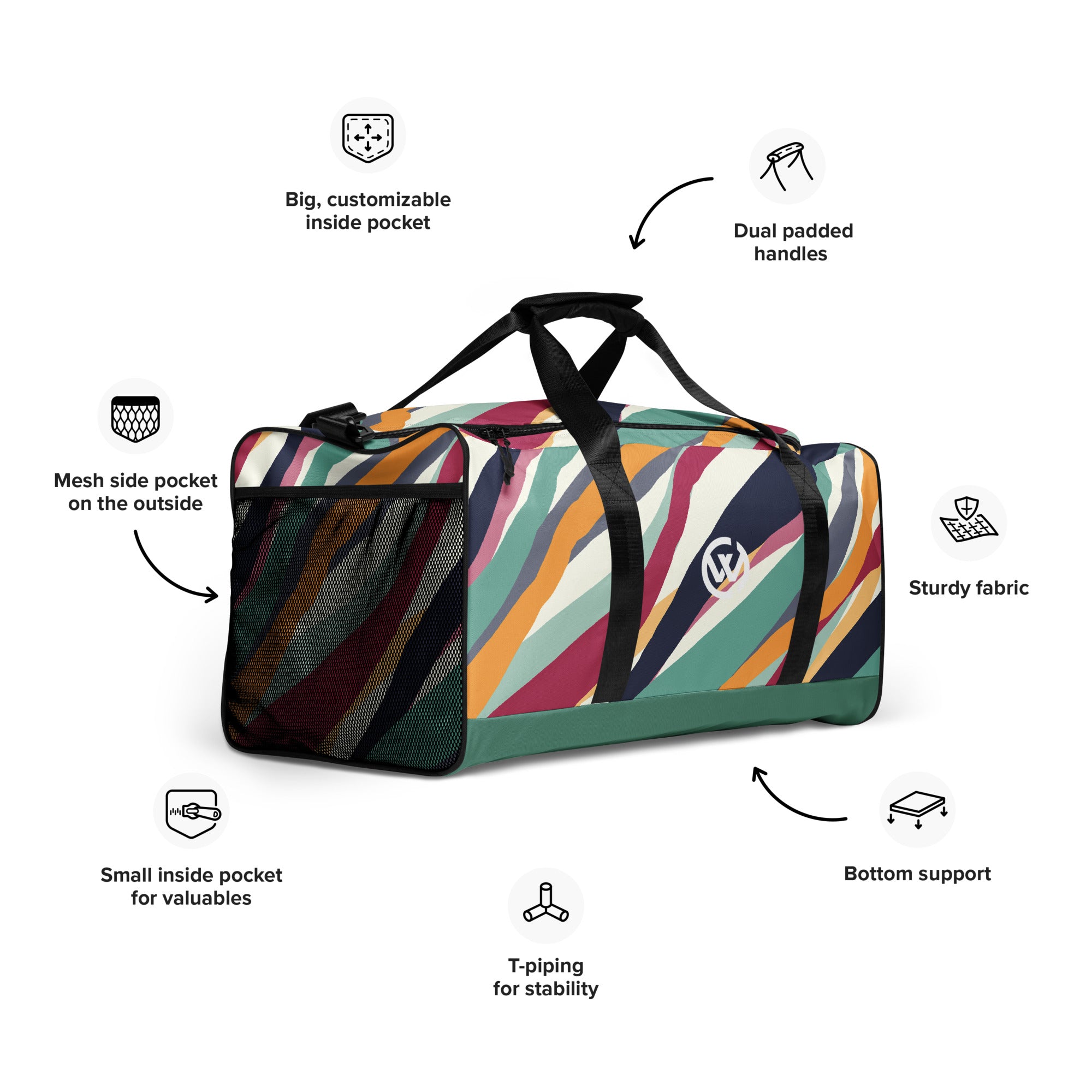 Bunte, personalisierbare Reisetasche mit Mesh-Tasche und gepolsterten Griffen.