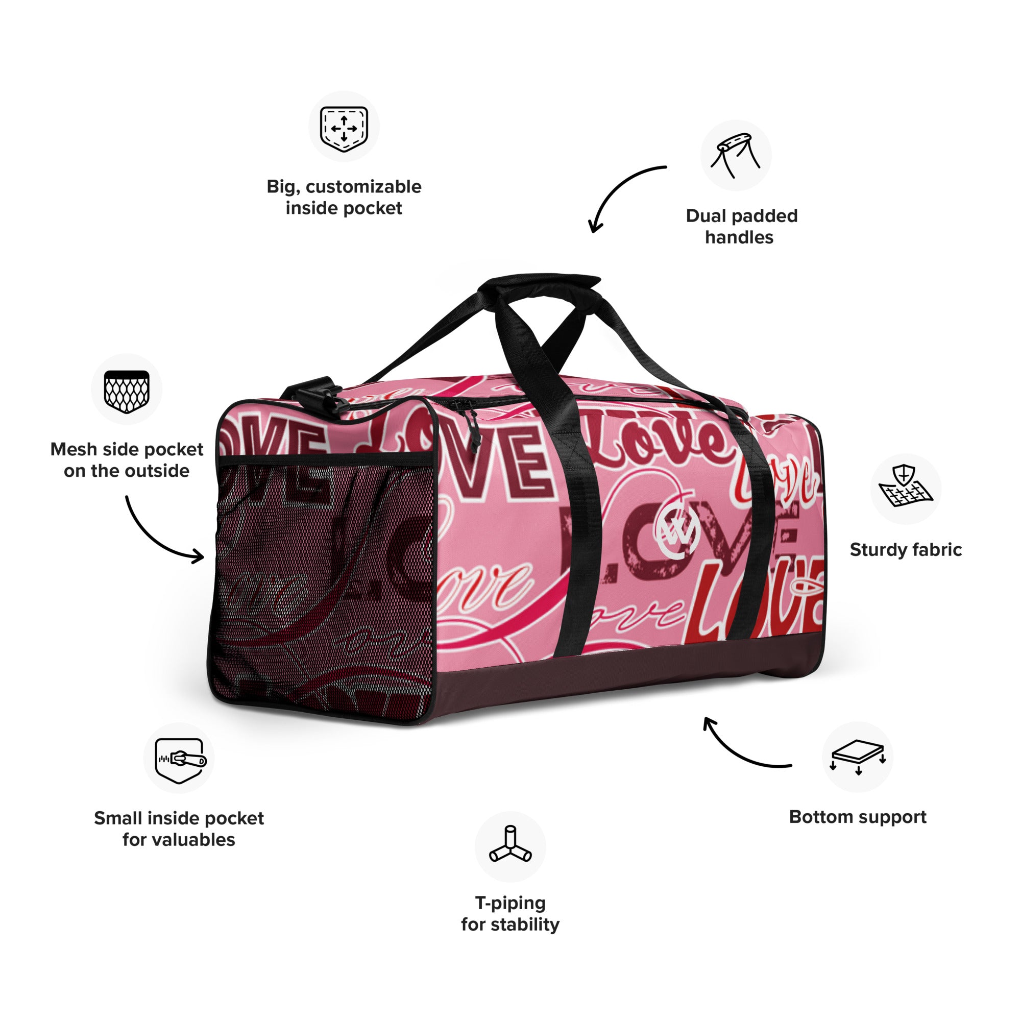 Rosa personalisierbare Reisetasche mit Herz-Design und funktionalen Details