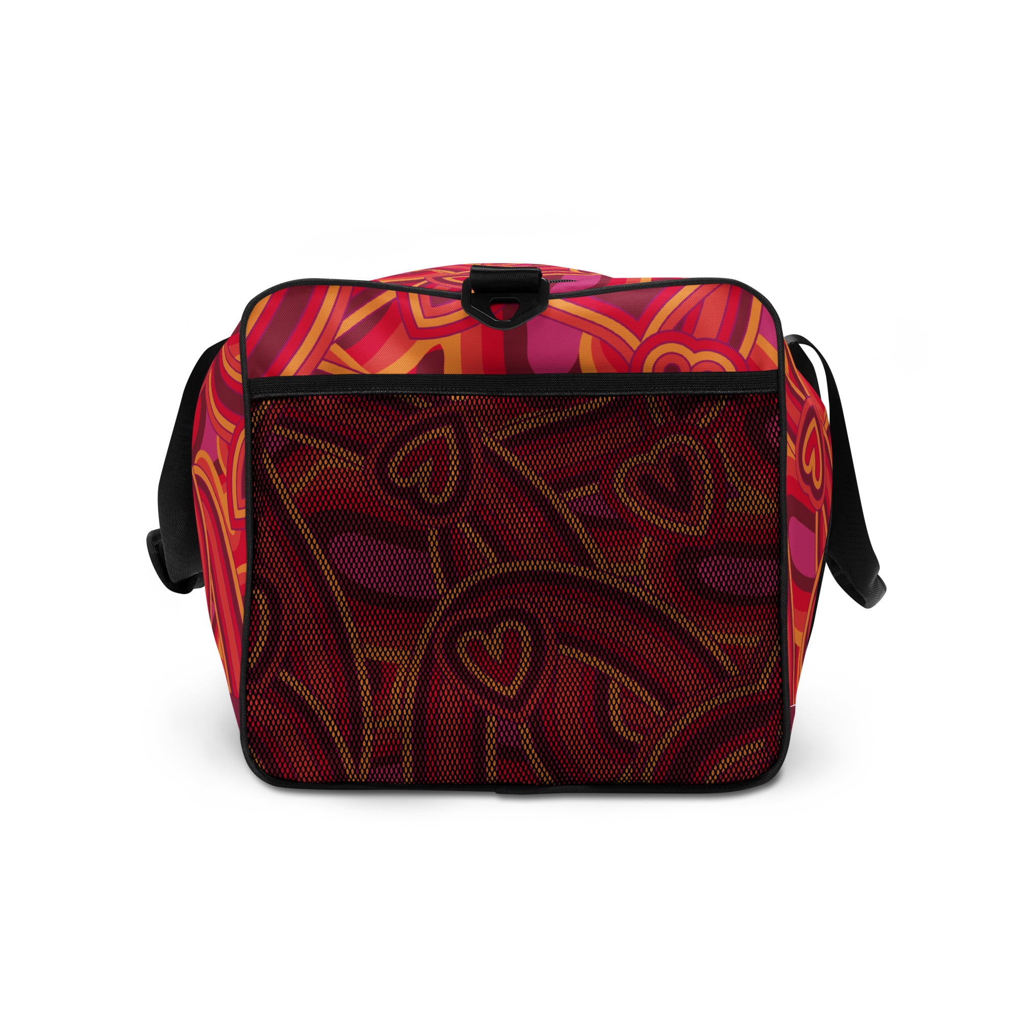 Rote Tasche mit abstrakten Herzmustern und vorderer Netztasche