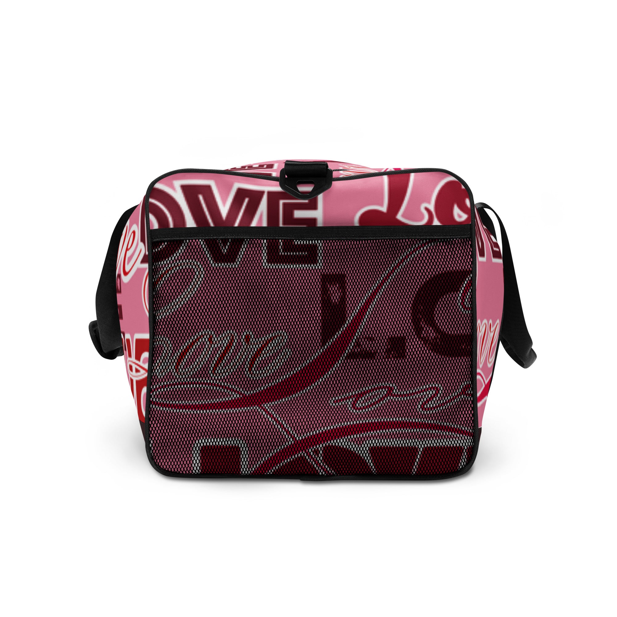 Rosa personalisierbare Tasche mit Love-Print und schwarzem Netzfach