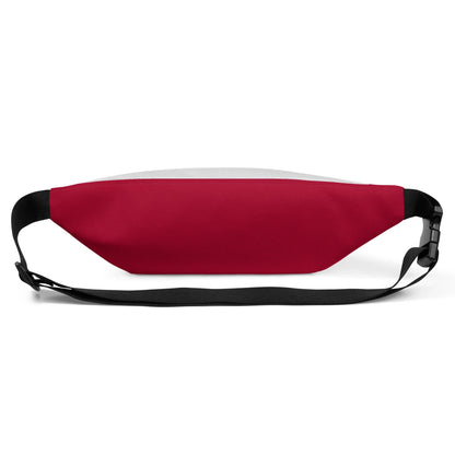 Gürteltasche mit weiß-rotem Design und schwarzem Gurt auf weißem Hintergrund