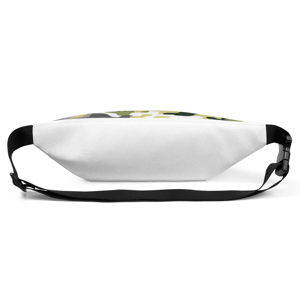 Weiße Gürteltasche mit Camouflage-Muster auf der Oberseite und schwarzem Schultergurt