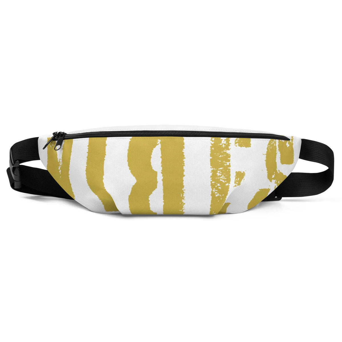Weiße Bauchtasche mit gelbem, abstraktem Pinselstrich-Design und schwarzem Gurt