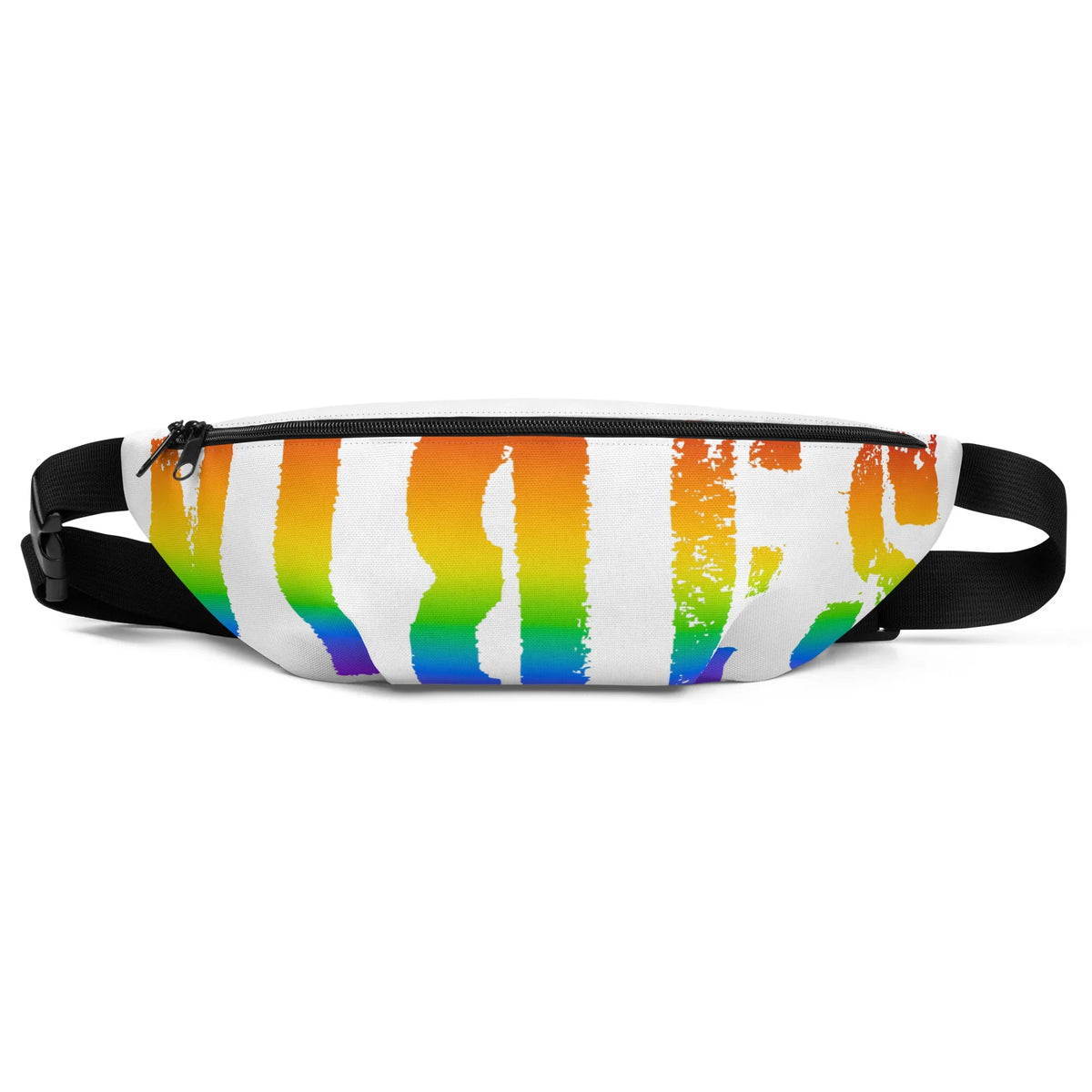 Weiße Gürteltasche mit einem bunten Regenbogen-Streifen-Design im Pinselstrich-Stil.