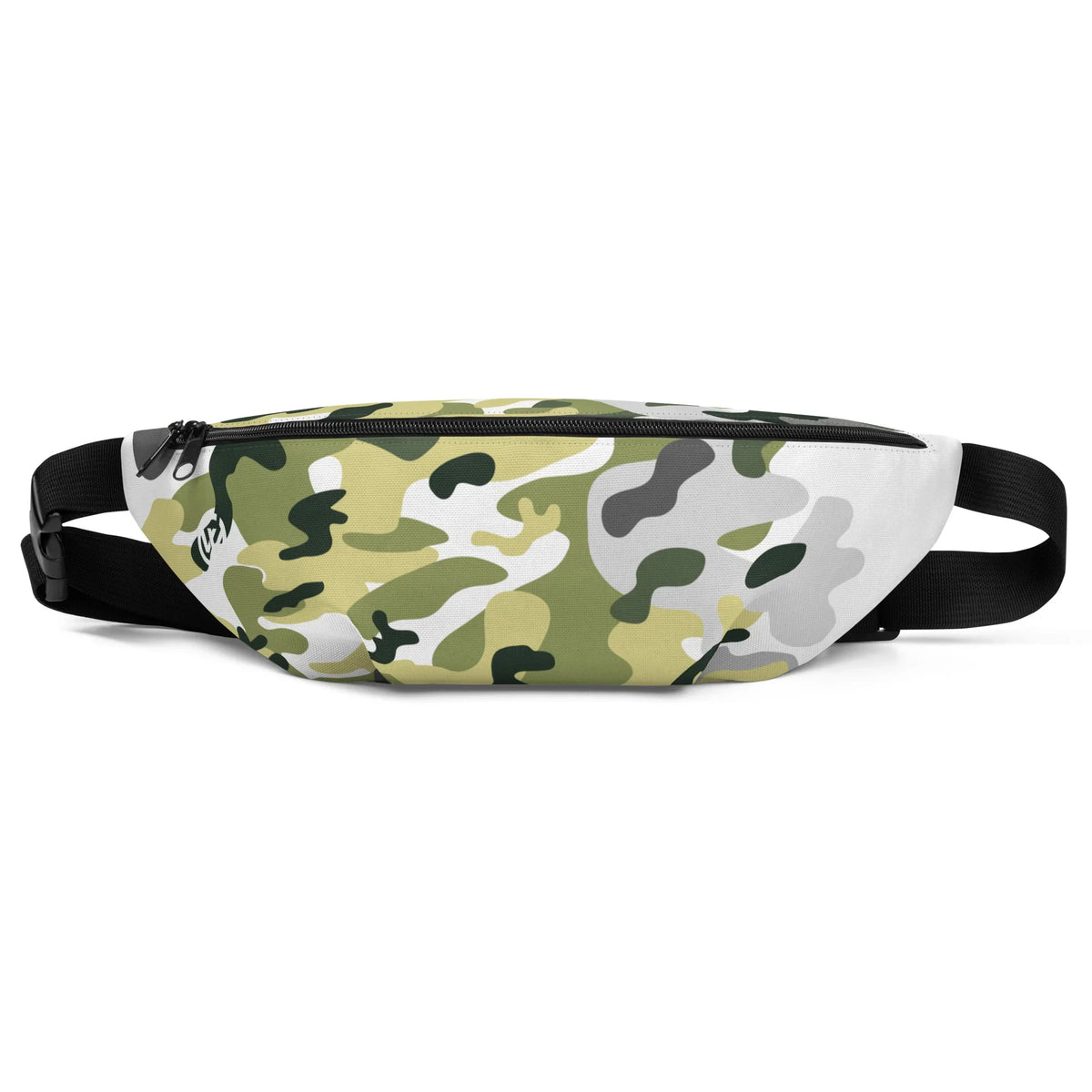 Weiße Bauchtasche mit grünem Camouflage-Muster und schwarzem Gurt