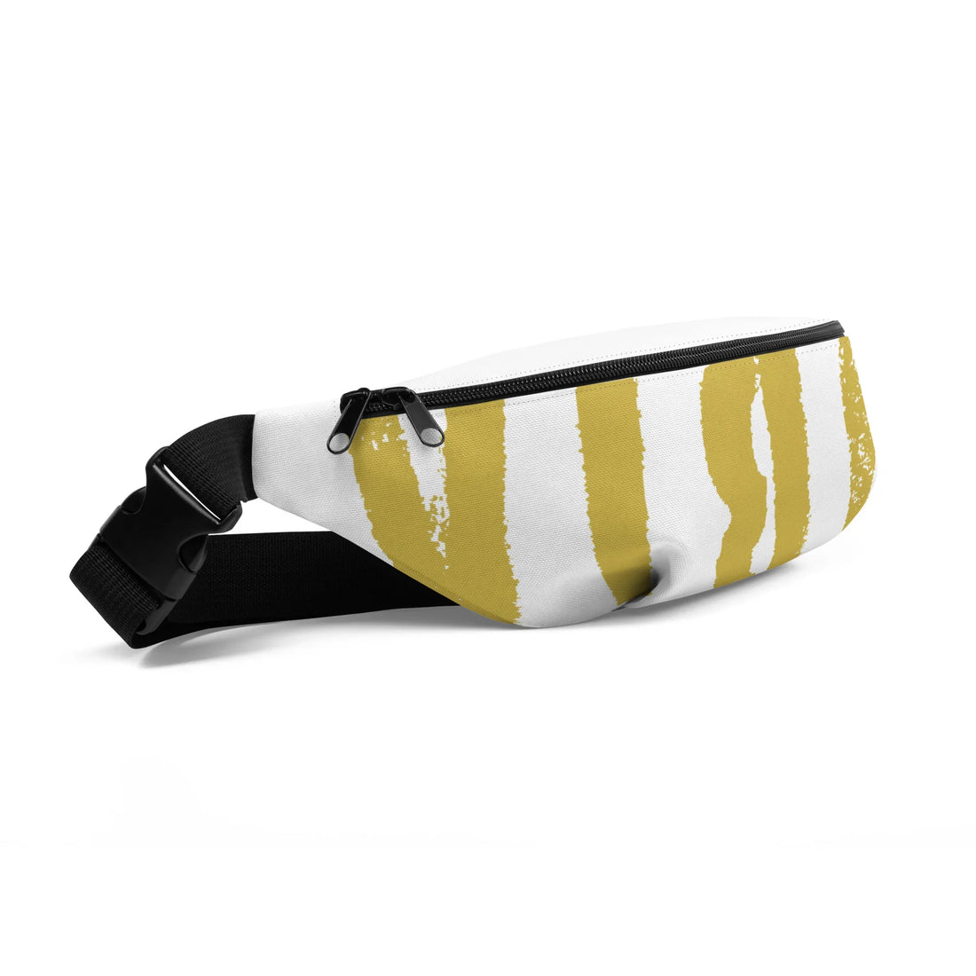 Weiße Bauchtasche mit abstrakten gelben Pinselstrichen und schwarzem Gurt
