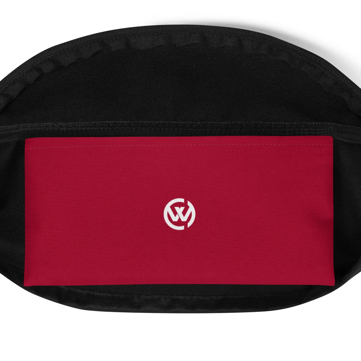 Schwarze Gürteltasche mit rotem Klettverschluss-Patch und weißem Logo