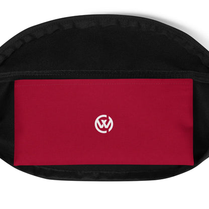 Schwarze Gürteltasche mit rotem Klettverschluss-Patch und weißem Logo