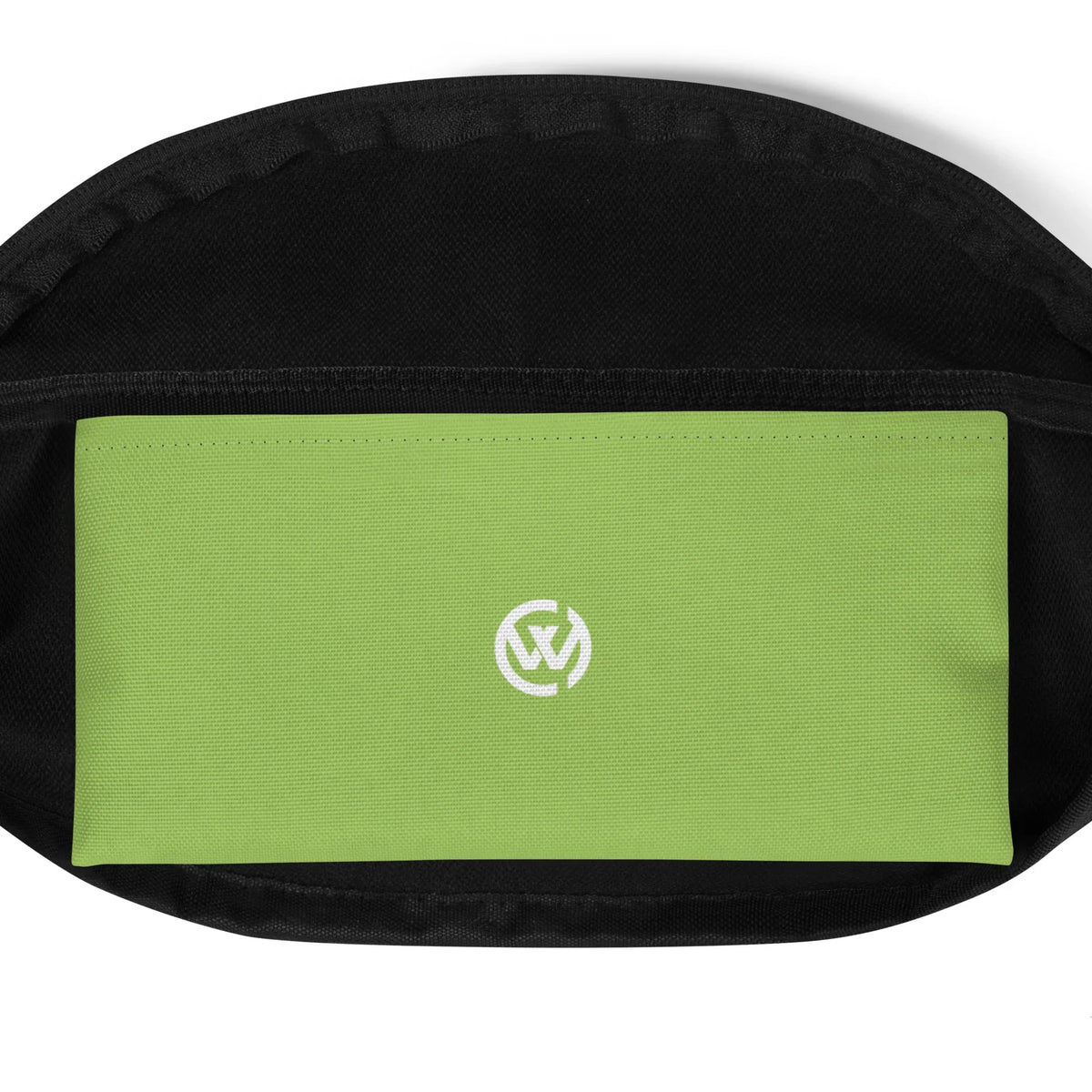 Schwarze Gürteltasche mit grünem Vorderteil und weißem Logo