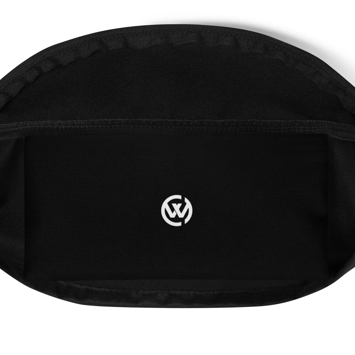 Schwarze Bauchtasche mit weißem Logo-Print in der Mitte