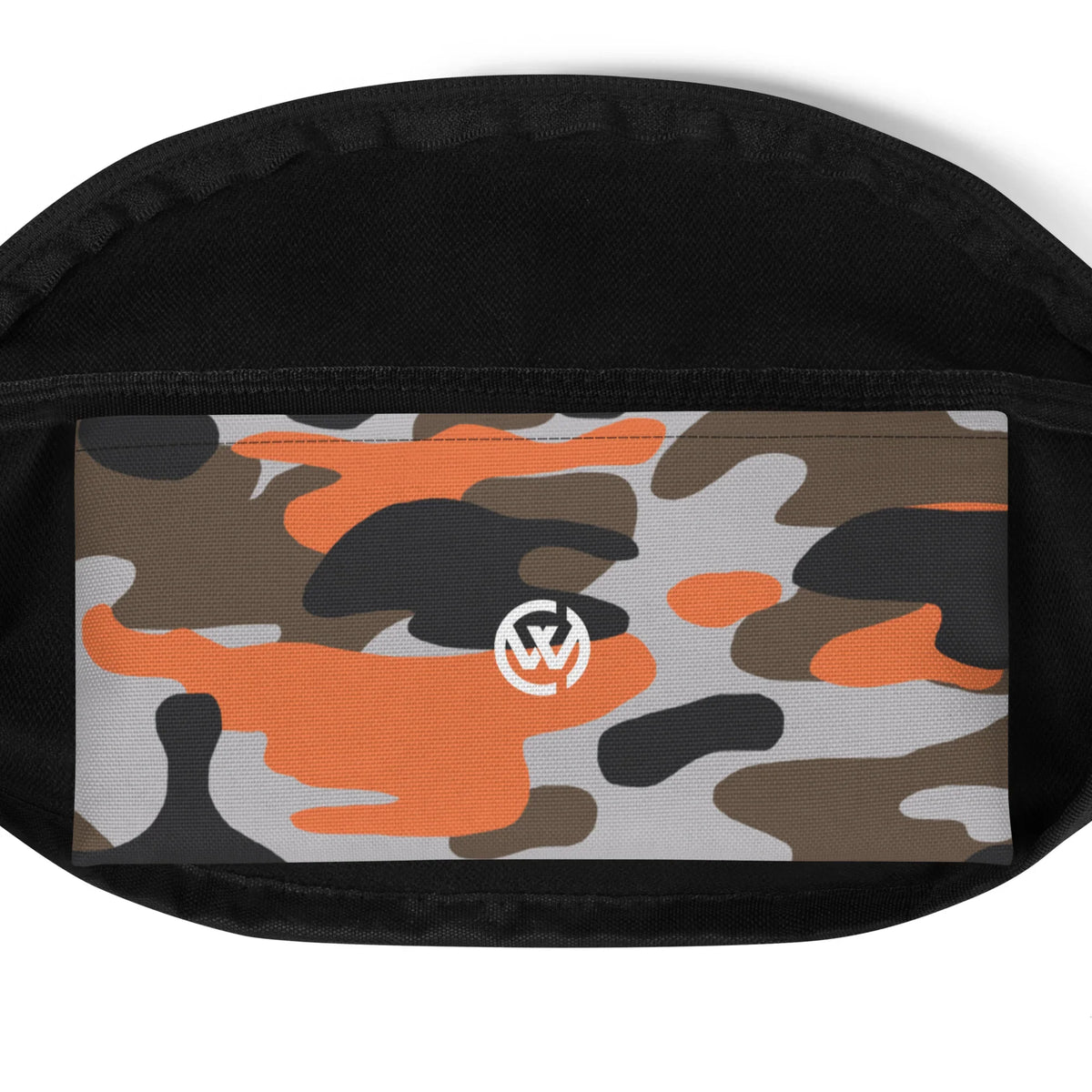 Schwarze Gürteltasche mit orange-grauem Camouflage-Muster und rundem Logo.
