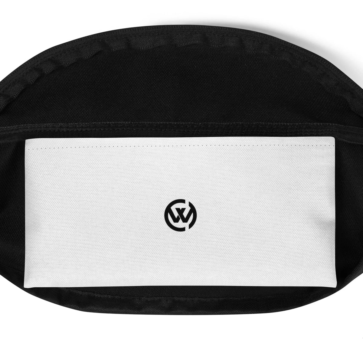 Schwarze Tasche mit weißem Einsatz und rundem Logo-Print in der Mitte