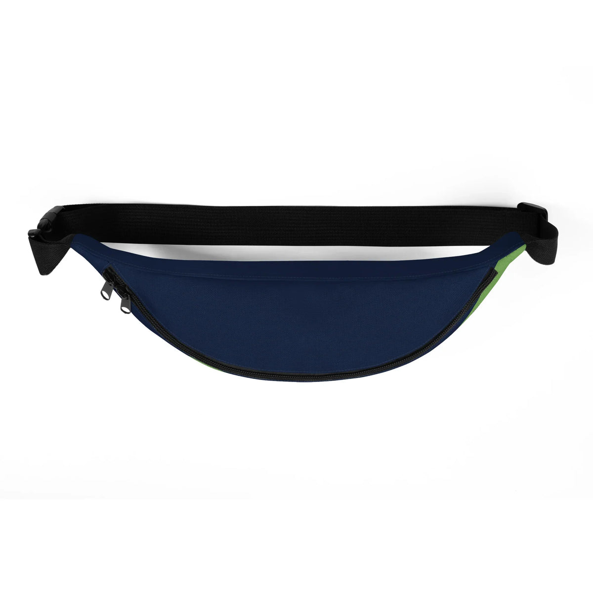 Dunkelblaue Bauchtasche mit schwarzem Gurt und grünen Akzenten vor weißem Hintergrund