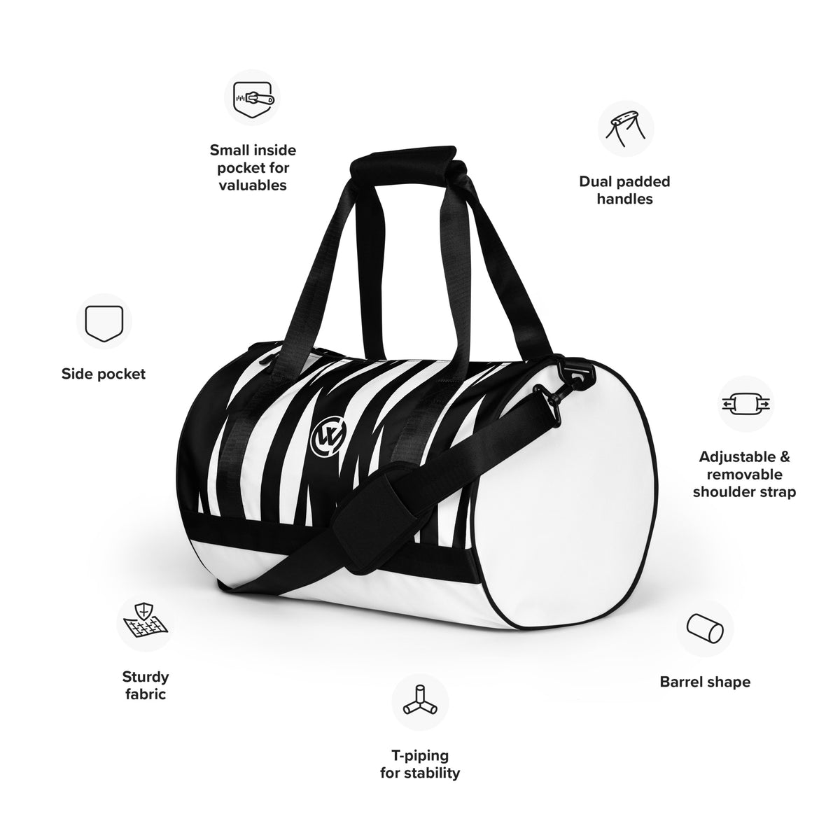 Schwarz-weiße CREWILD Sporttasche im Barrel-Design mit Zebra-Muster und Funktionsdetails.