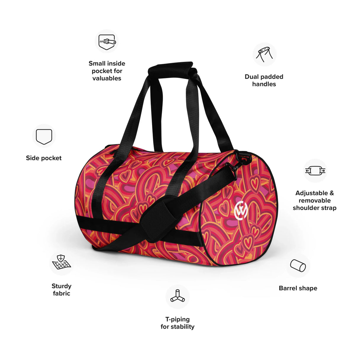 CREWILD Sporttasche in Rot mit Herz-Muster, verstellbarem Schultergurt und Polstergriffen.