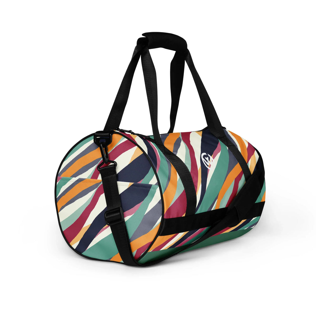 Bunte CREWILD Sporttasche mit abstrakten farbigen Wellenmustern und schwarzem Tragegurt.