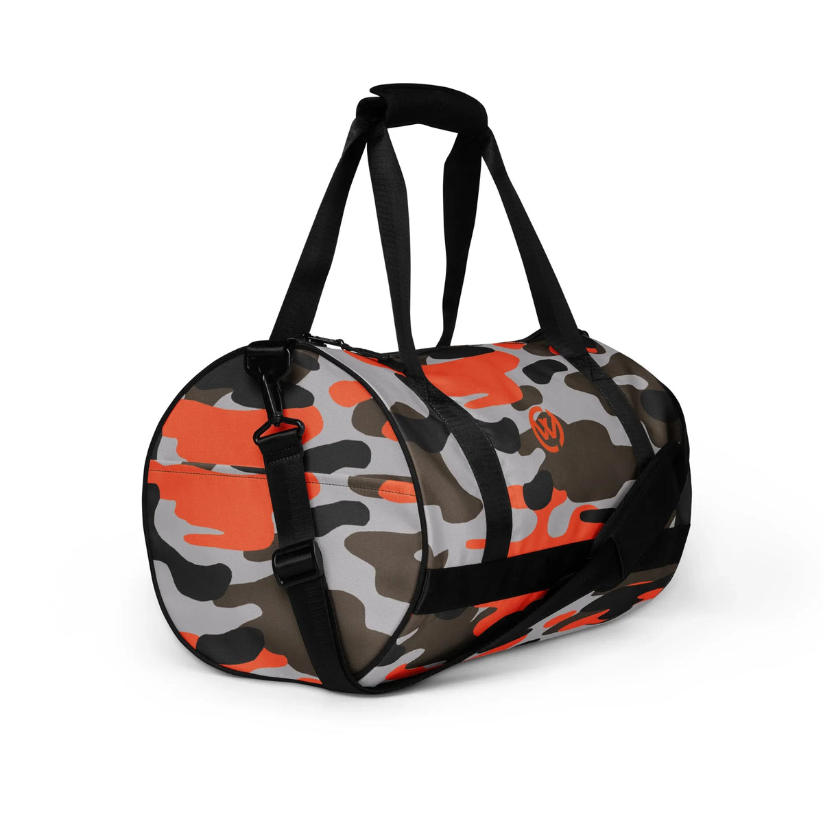 CREWILD Sporttasche mit orange-grauem Camouflage-Muster und schwarzen Tragegriffen.