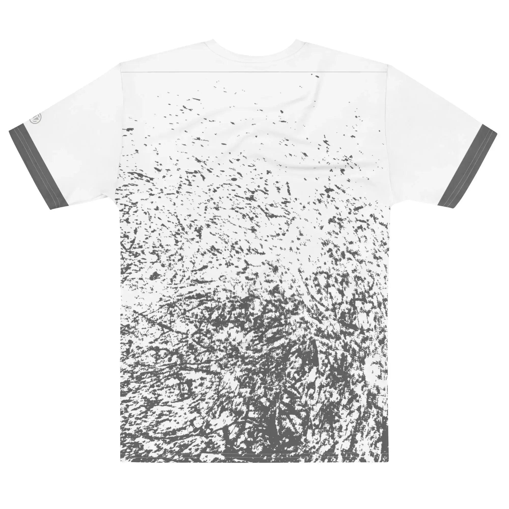 Herren T-Shirt weiß mit abstraktem grauem Spritzmuster und grauen Ärmeln, Rückansicht