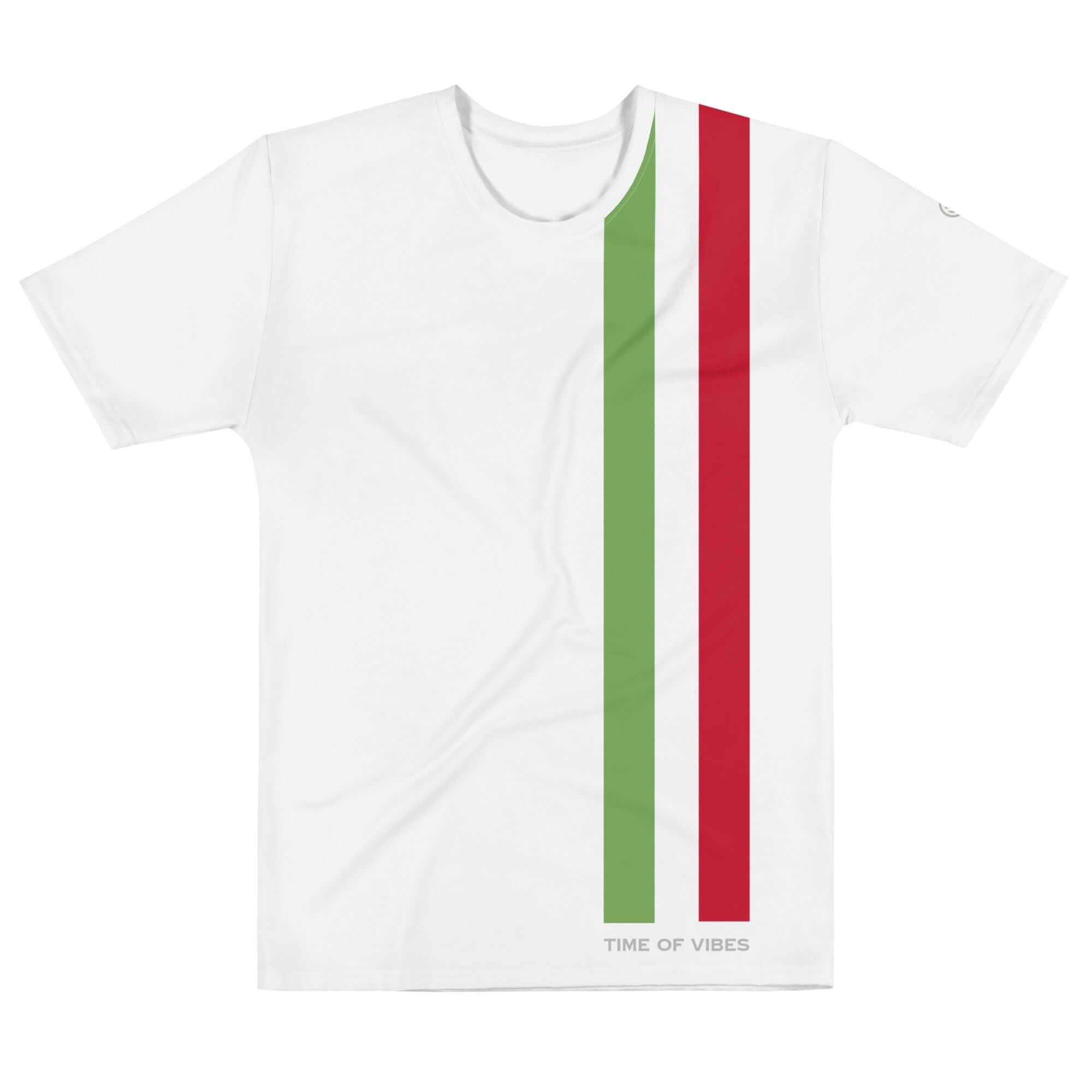 Weiße Herren T-Shirt mit grünen und roten Streifen, Aufdruck &