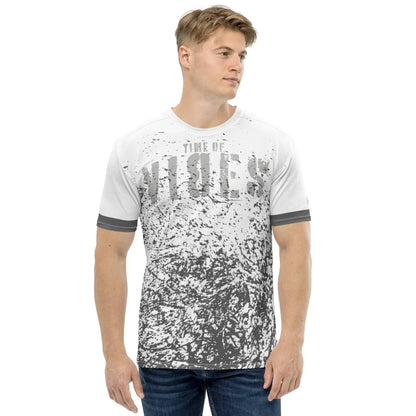 All-over-print Herren T-Shirt weiß mit grauem Sprenkelmuster und TIME OF MOSES Aufdruck
