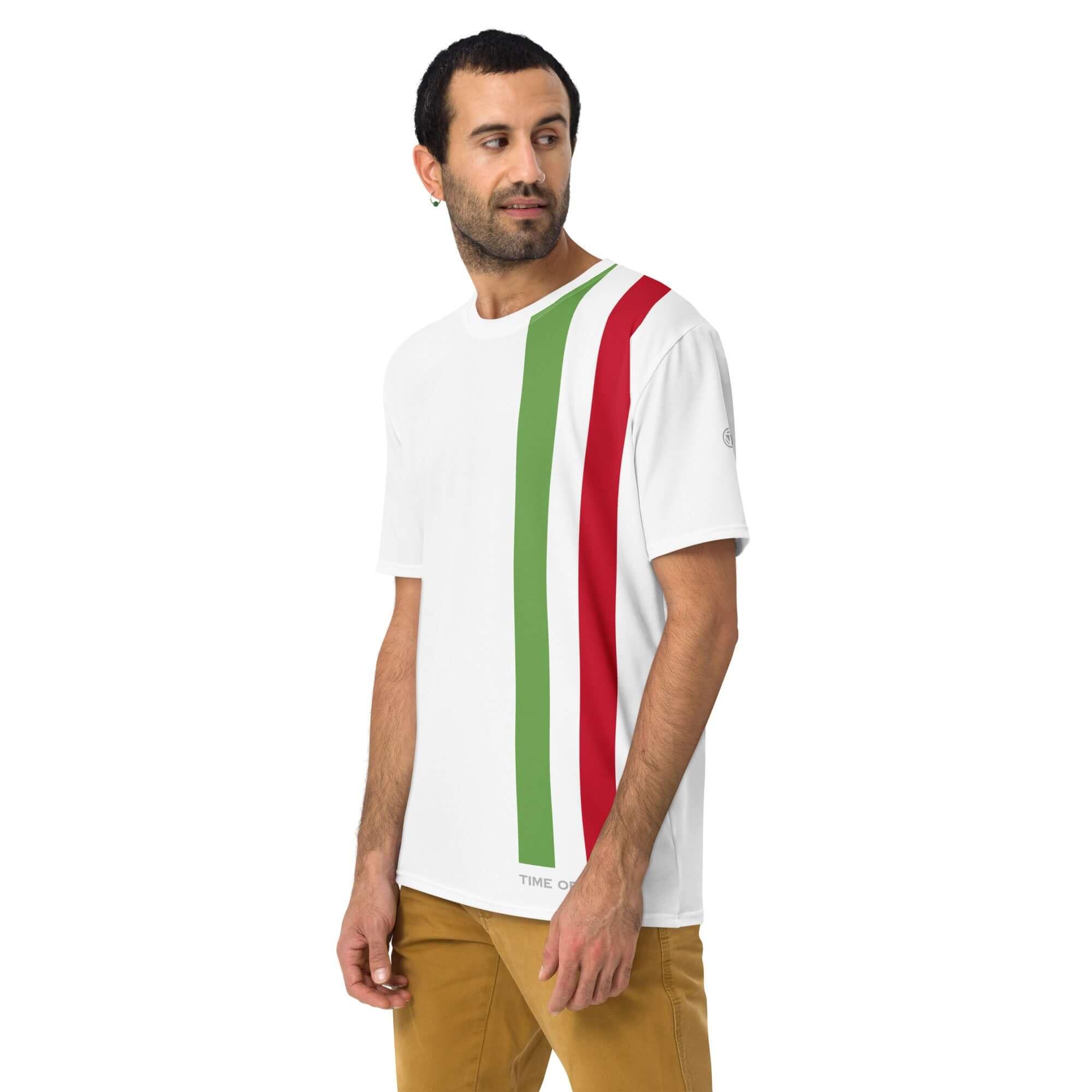 Herren T-Shirt weiß mit grünen und roten Streifen, modernes Design, Freizeitmode