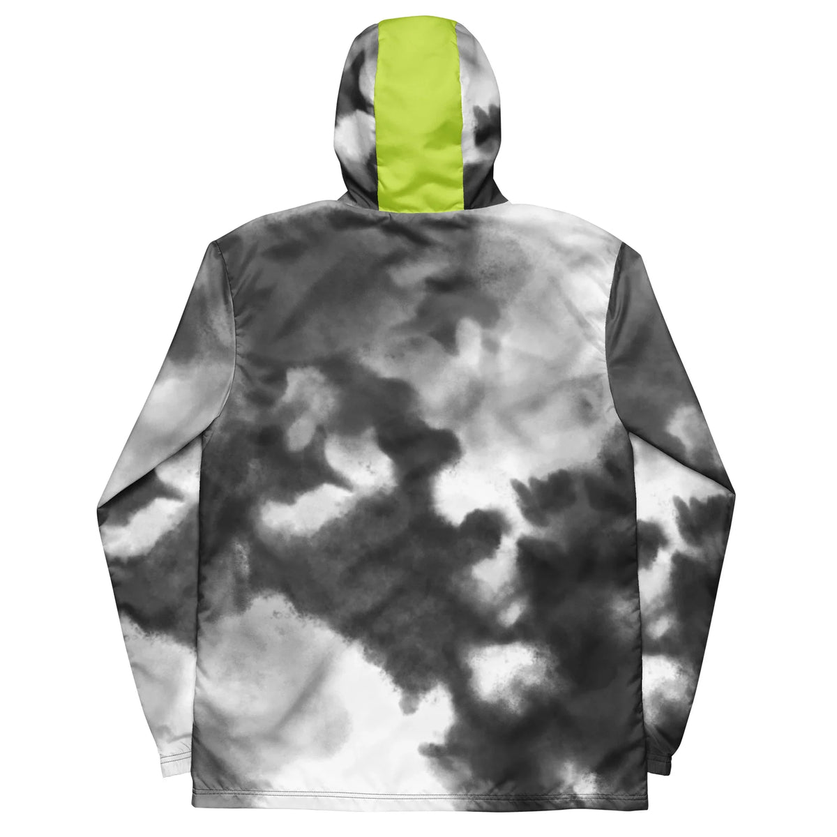 Rückansicht einer grau-weiß gemusterten Windjacke mit Kapuze und neongelbem Streifen