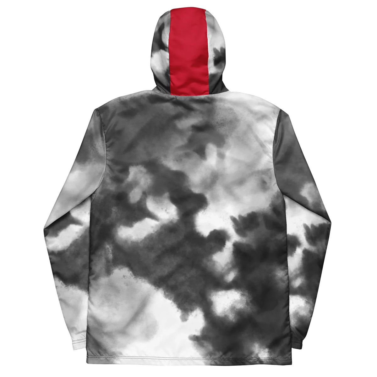 Rückansicht einer schwarz-weißen Tie-Dye Jacke mit rotem Streifen auf der Kapuze.