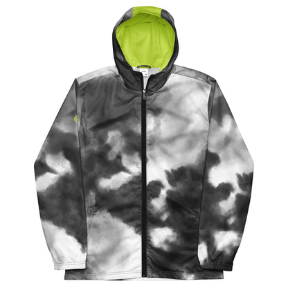 Windjacke mit schwarz-weißem Tie-Dye-Muster und neongelbem Innenfutter der Kapuze