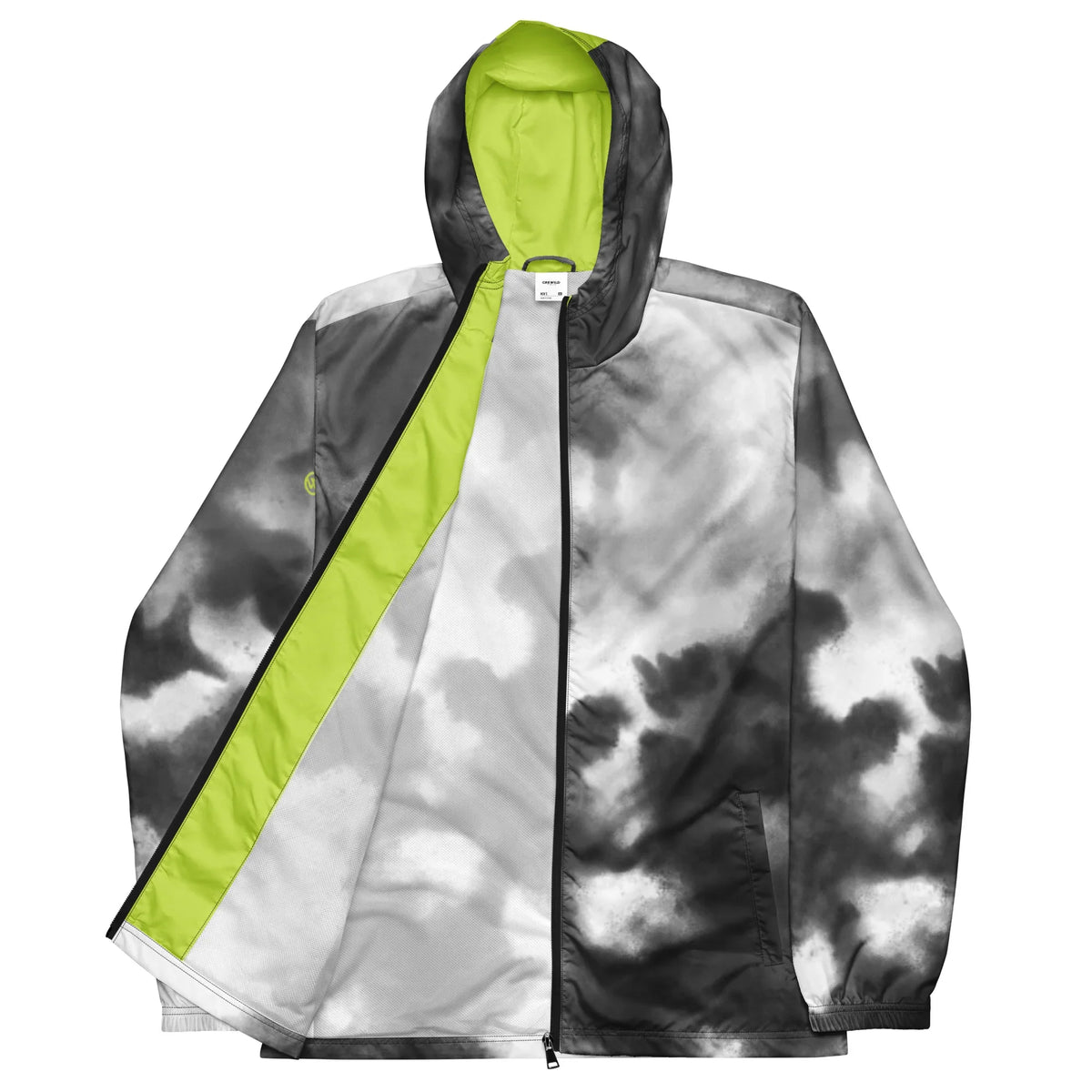 Grau-weiße Windjacke mit Cloud-Print und neongelber Innenseite und Kapuze